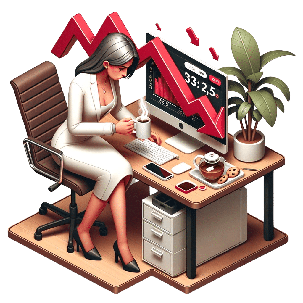 Frau vor einem Computer die sich über den Performance Verlust Ihres Unternehmens sorgen macht.